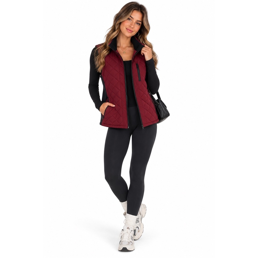 Andrew Marc Quilted Vest Women Medium Burgundy Ribbed Knit Trim Puffer Gorpcore